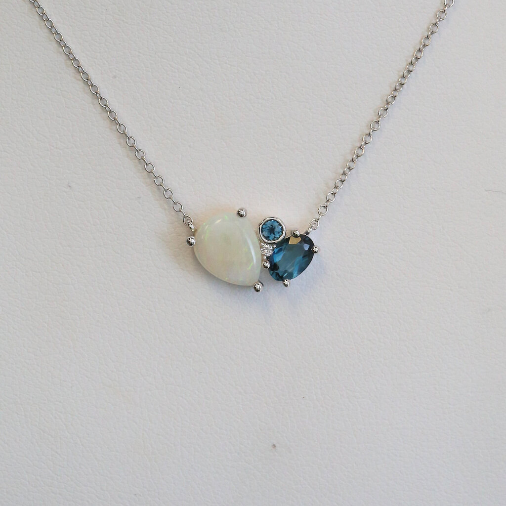 American Jewelry 14k White Gold .84ct Opal .53ct London Blue Topaz & Diamond Accent Necklace