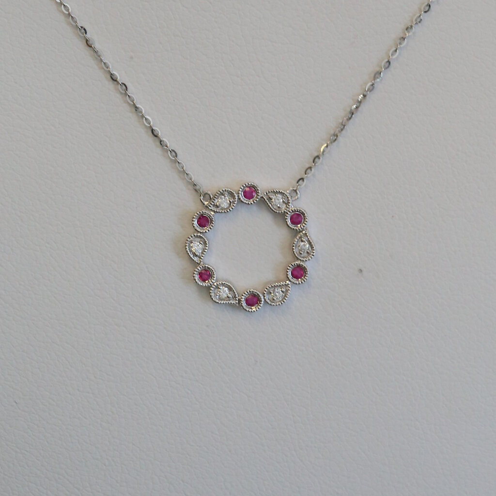 American Jewelry 14k White Gold .07ctw Ruby .05ctw Diamond Open Circle Necklace
