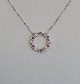 American Jewelry 14k White Gold .07ctw Ruby .05ctw Diamond Open Circle Necklace