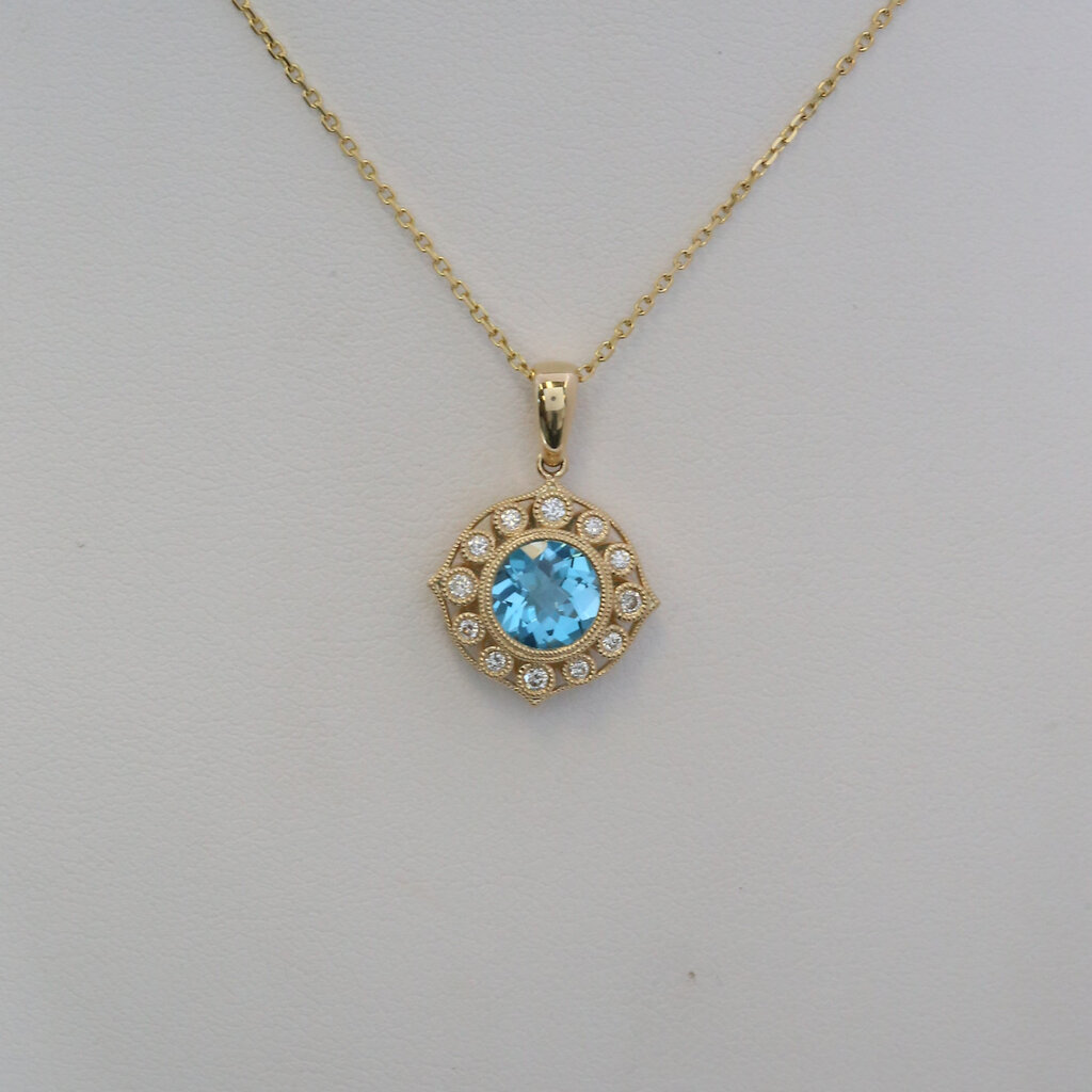 American Jewelry 14k Yellow Gold 1.32ct Blue Topaz .15ctw Diamond Milgrain Halo Necklace