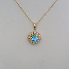 American Jewelry 14k Yellow Gold 1.32ct Blue Topaz .15ctw Diamond Milgrain Halo Necklace