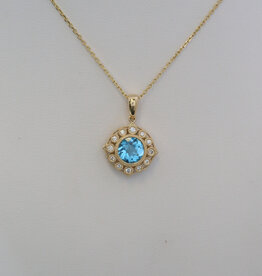 American Jewelry 14k Yellow Gold 1.32ct Blue Topaz .15ctw Diamond Milgrain Halo Necklace
