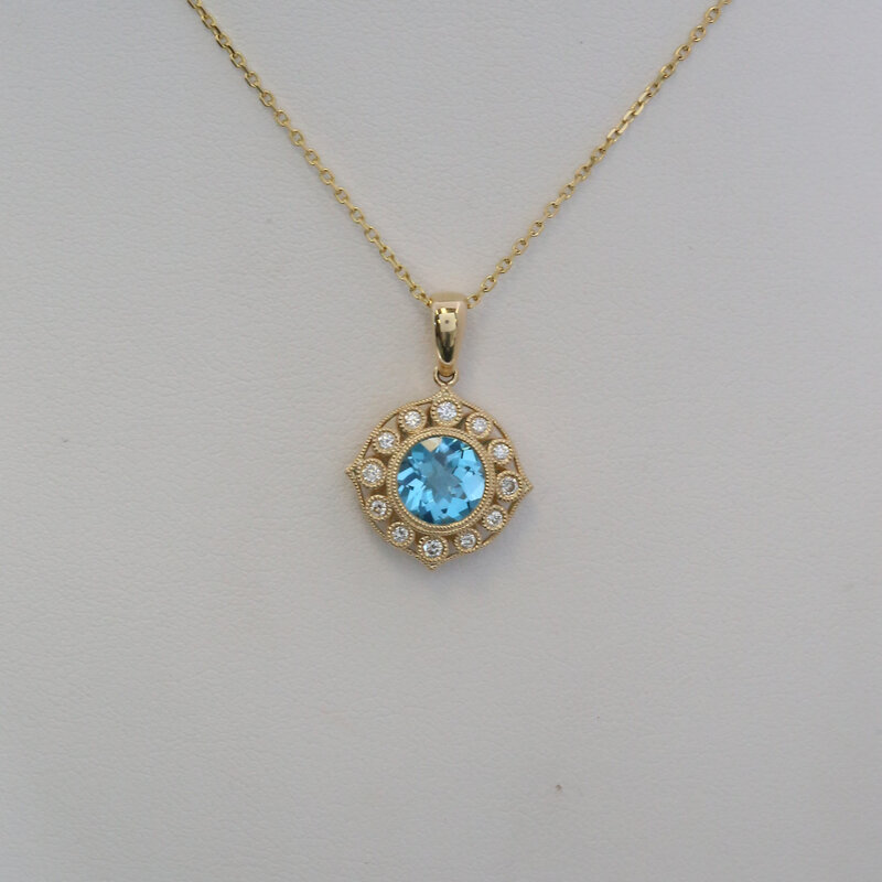 American Jewelry 14k Yellow Gold 1.32ct Blue Topaz .15ctw Diamond Milgrain Halo Necklace