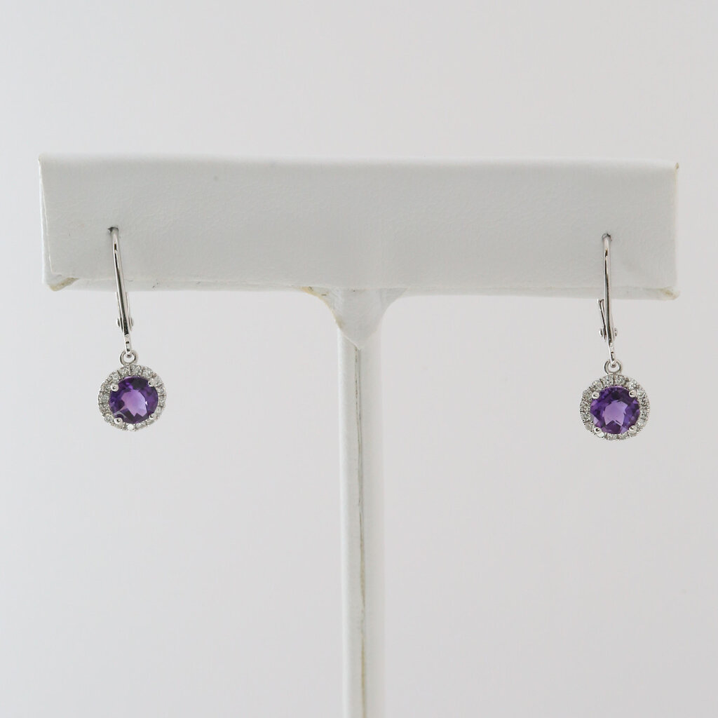 American Jewelry 14k White Gold .90ct Amethyst .18ctw Diamond Halo Dangle Earrings