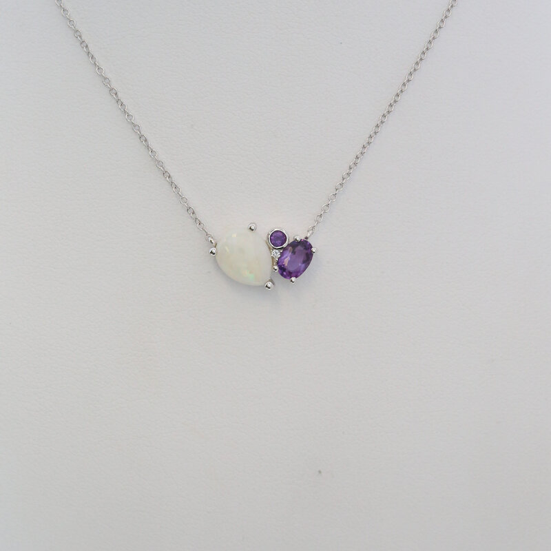 American Jewelry 14k White Gold .84ct Opal .42ct Amethyst and Diamond Accent Necklace