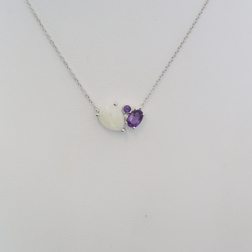 American Jewelry 14k White Gold .84ct Opal .42ct Amethyst and Diamond Accent Necklace