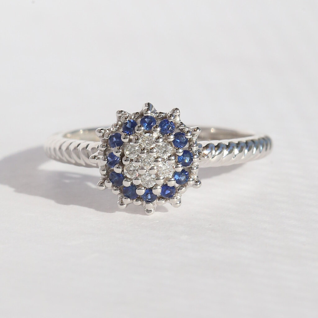 American Jewelry 18k White Gold .18ctw Sapphire .09ctw Diamond Cluster Ring