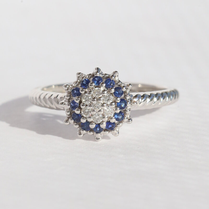 American Jewelry 18k White Gold .18ctw Sapphire .09ctw Diamond Cluster Ring