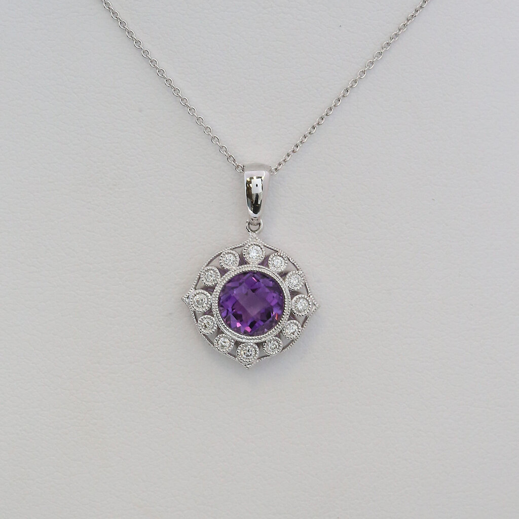 American Jewelry 14k White Gold 1.34ct Amethyst .15ctw Diamond Milgrain Halo Necklace