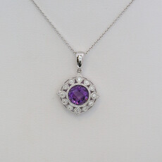American Jewelry 14k White Gold 1.34ct Amethyst .15ctw Diamond Milgrain Halo Necklace