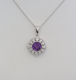 American Jewelry 14k White Gold 1.34ct Amethyst .15ctw Diamond Milgrain Halo Necklace