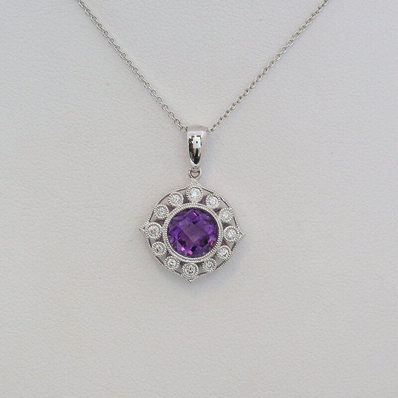 American Jewelry 14k White Gold 1.34ct Amethyst .15ctw Diamond Milgrain Halo Necklace