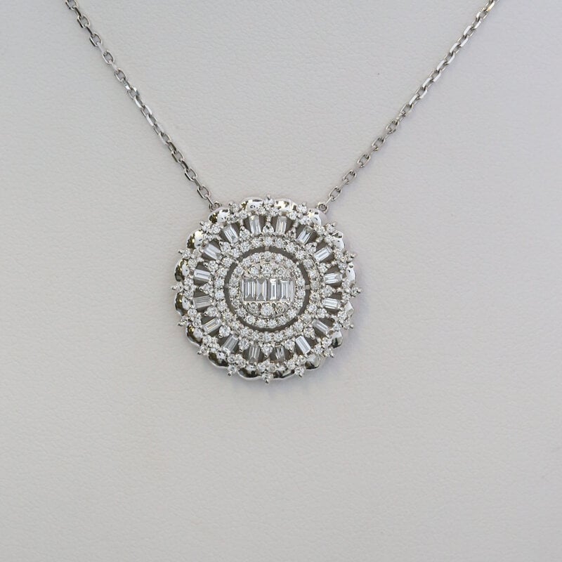American Jewelry 18k White Gold 1.44ctw Diamond Baguette & Round Circle Necklace