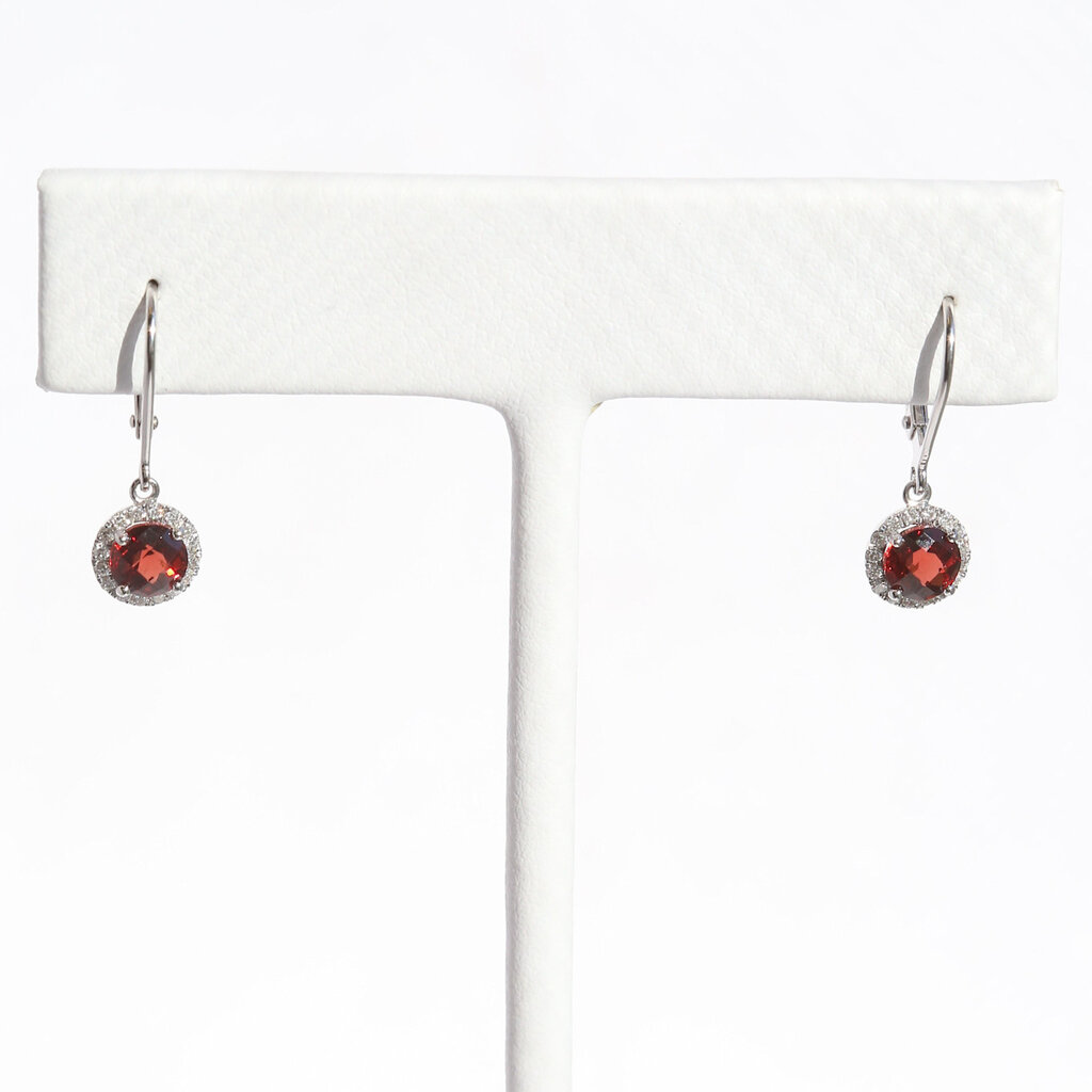 American Jewelry 14K White Gold 1.51ctw Garnet .18ctw Diamond Halo Dangle Earrings