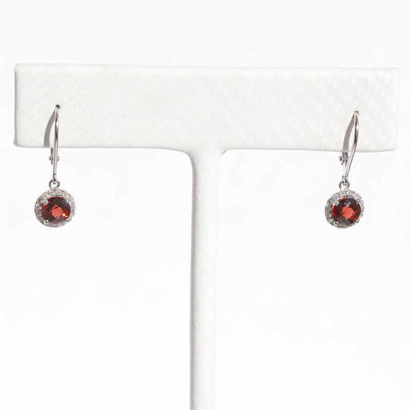 American Jewelry 14K White Gold 1.51ctw Garnet .18ctw Diamond Halo Dangle Earrings