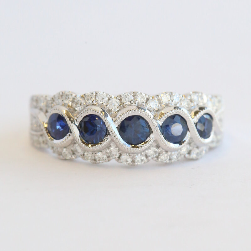 American Jewelry 14k White Gold .83ctw Sapphire .40ctw Diamond Milgrain Band Ring