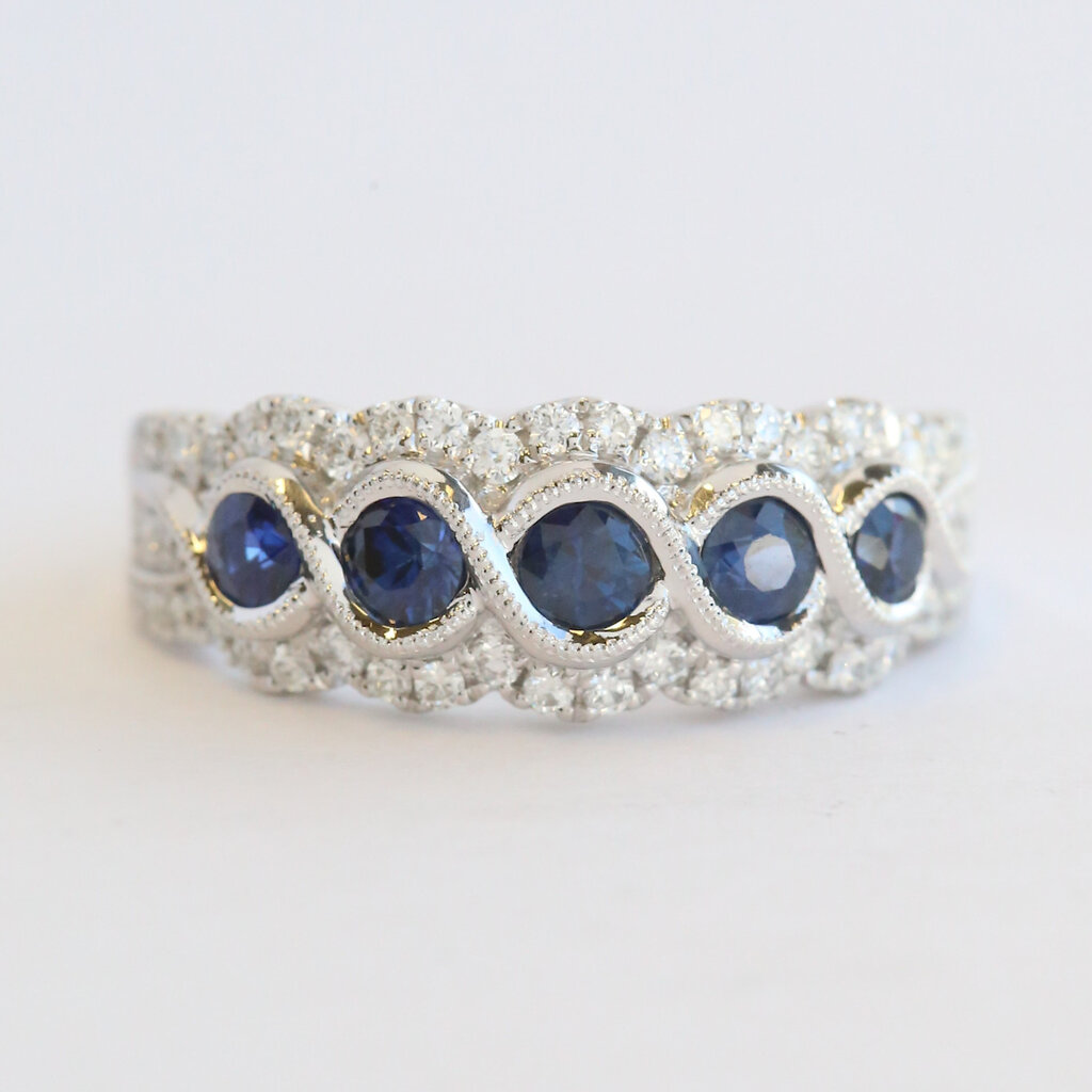 American Jewelry 14k White Gold .83ctw Sapphire .40ctw Diamond Milgrain Band Ring