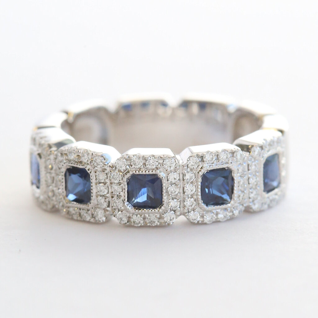American Jewelry 14k White Gold 1.07ctw Sapphire .30ctw Diamond Halos Band Ring