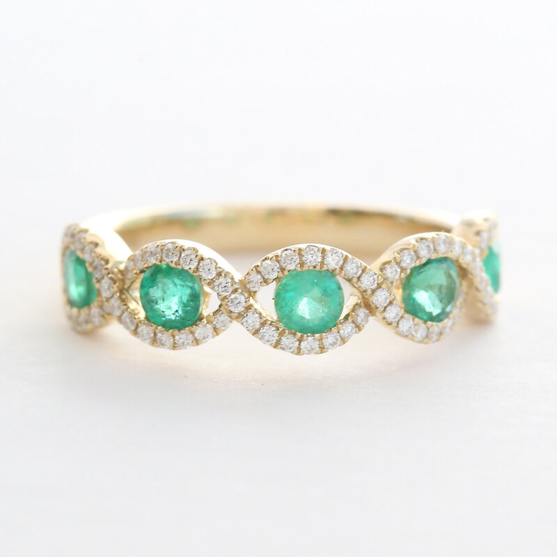 American Jewelry 14k Yellow Gold .70ctw Emerald .26ctw Diamond Infinity Design Stackable Band Ring