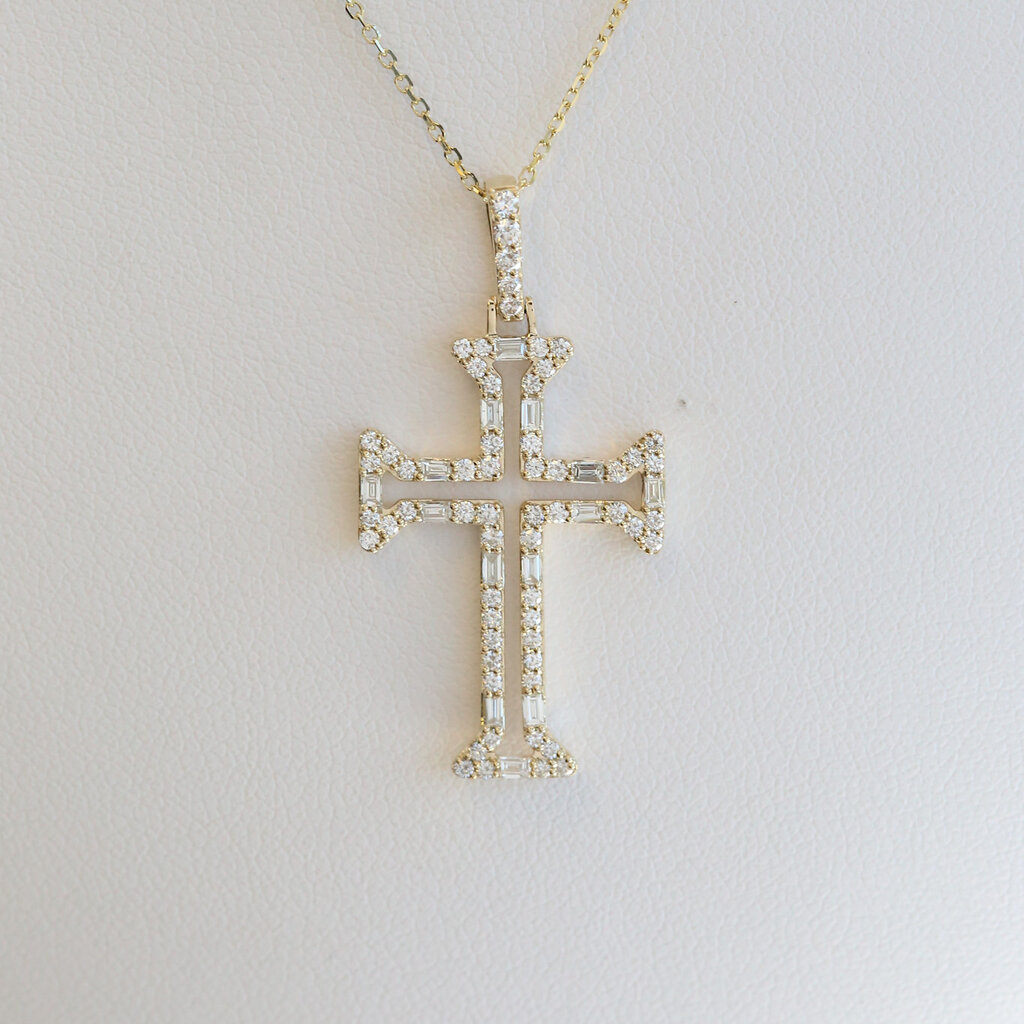 American Jewelry 14k Yellow Gold .60ctw Baguette & Round Diamond Open Cross Necklace