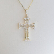 American Jewelry 14k Yellow Gold .60ctw Baguette & Round Diamond Open Cross Necklace