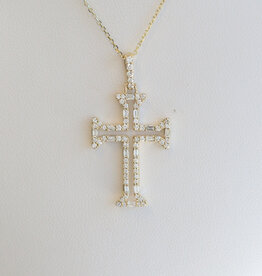 American Jewelry 14k Yellow Gold .60ctw Baguette & Round Diamond Open Cross Necklace