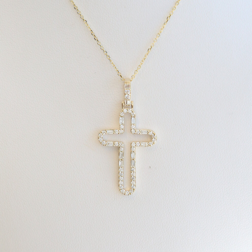 American Jewelry 14k Yellow Gold .51ctw Diamond Baguette & Round Open Cross Necklace