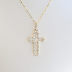 American Jewelry 14k Yellow Gold .51ctw Diamond Baguette & Round Open Cross Necklace