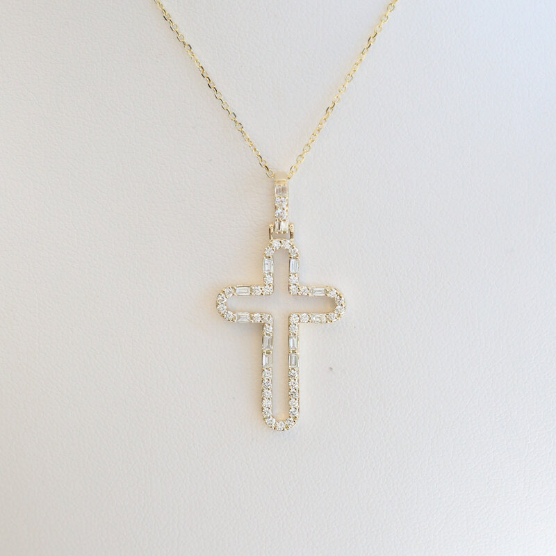American Jewelry 14k Yellow Gold .51ctw Diamond Baguette & Round Open Cross Necklace