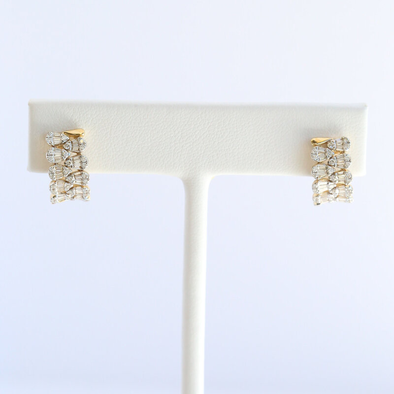 American Jewelry 14k Yellow Gold .88ctw Diamond Baguette & Round Pear Shapes Hoop Earrings