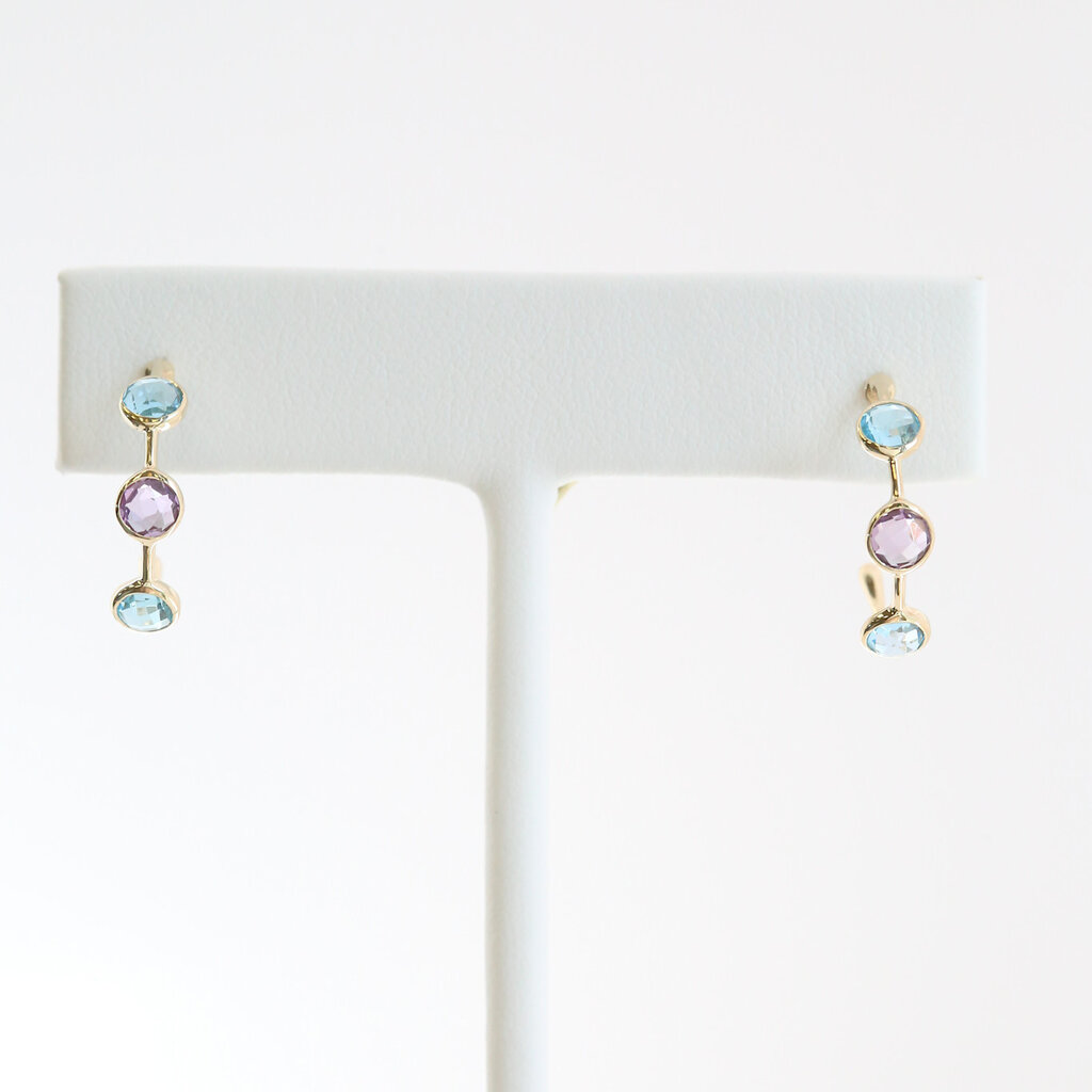 American Jewelry 14k Yellow Gold Blue Topaz & Amethyst Station Hoop Earrings