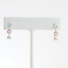 American Jewelry 14k Yellow Gold Blue Topaz & Amethyst Station Hoop Earrings