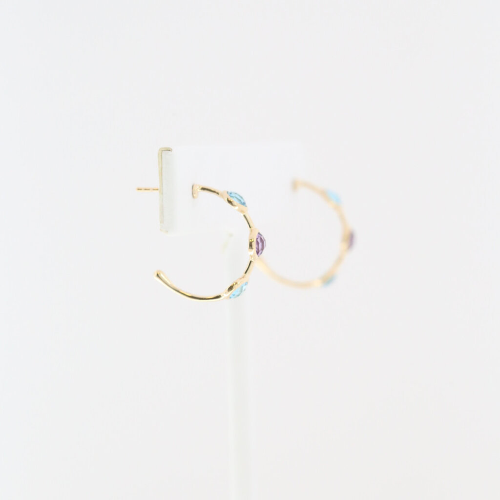American Jewelry 14k Yellow Gold Blue Topaz & Amethyst Station Hoop Earrings