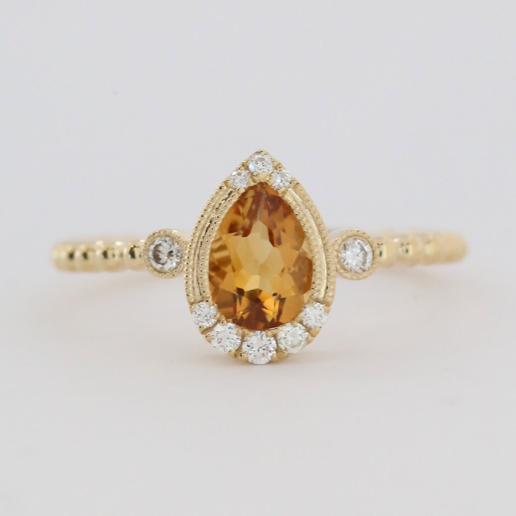 American Jewelry 14k Yellow Gold .69ct Citrine .13ctw Diamond Milgrain Beaded Pear Ring