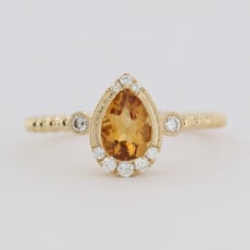 American Jewelry 14k Yellow Gold .69ct Citrine .13ctw Diamond Milgrain Beaded Pear Ring