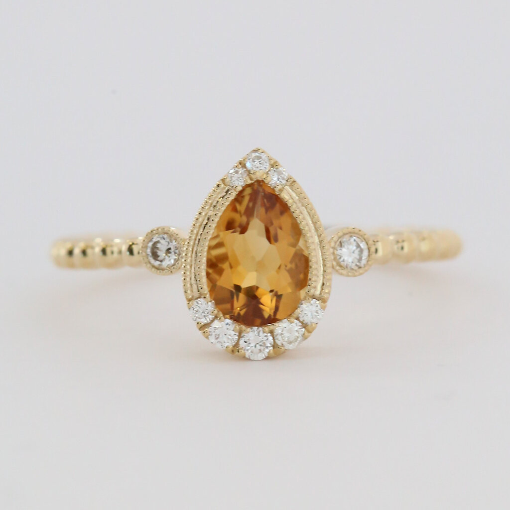 American Jewelry 14k Yellow Gold .69ct Citrine .13ctw Diamond Milgrain Beaded Pear Ring
