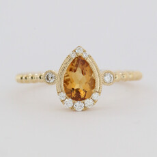 American Jewelry 14k Yellow Gold .69ct Citrine .13ctw Diamond Milgrain Beaded Pear Ring