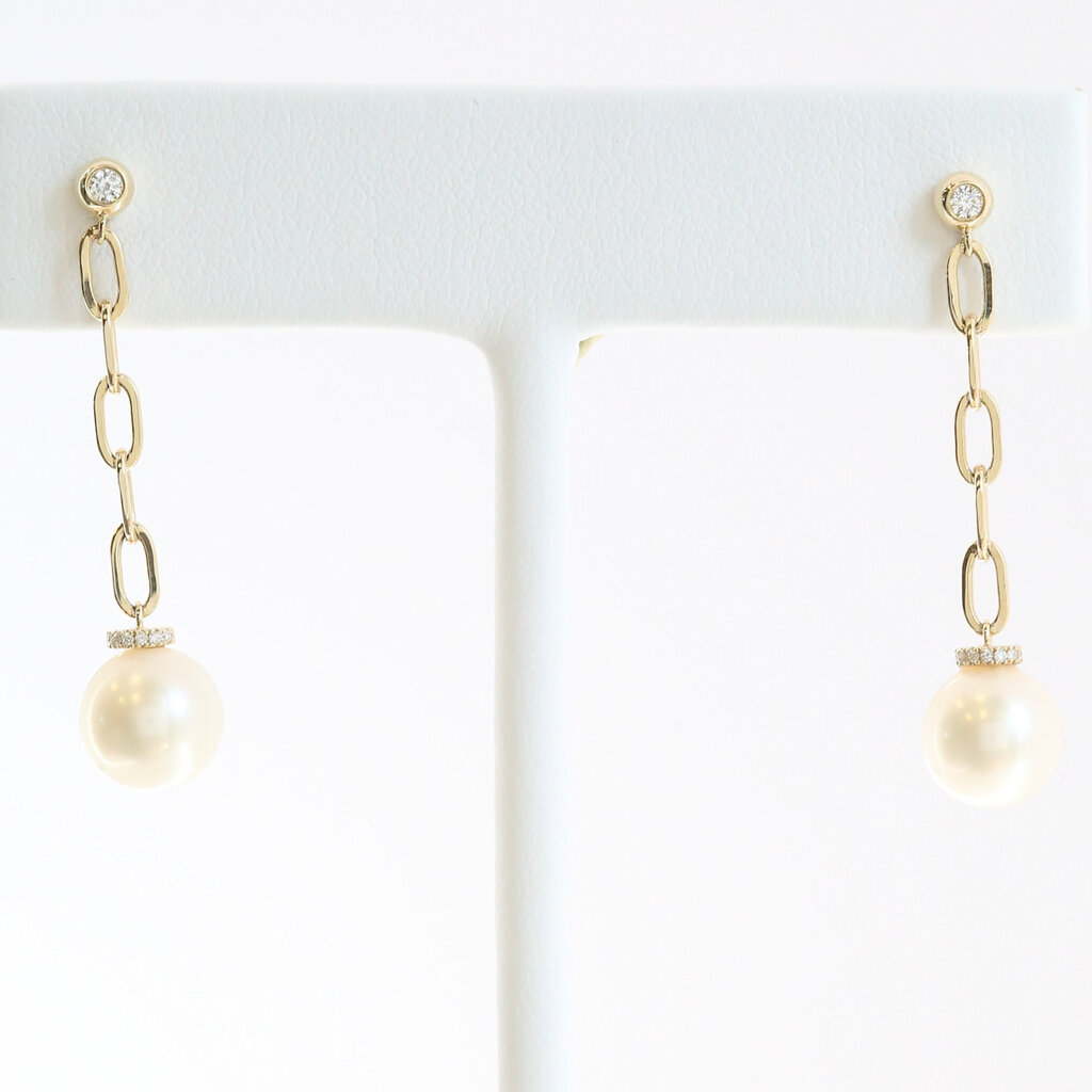 American Jewelry 14k Yellow Gold Akoya Pearl .15ctw Diamond Accent Paperclip Chain Dangle Earrings