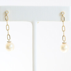 American Jewelry 14k Yellow Gold Akoya Pearl .15ctw Diamond Accent Paperclip Chain Dangle Earrings
