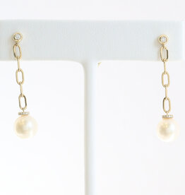 American Jewelry 14k Yellow Gold Akoya Pearl .15ctw Diamond Accent Paperclip Chain Dangle Earrings