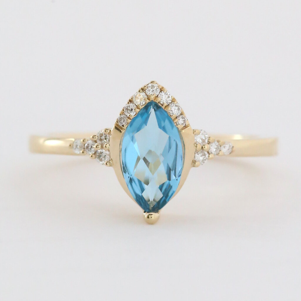 American Jewelry 14k Yellow Gold 1.2ct Blue Topaz .10ctw Diamond Accent Marquise Ring