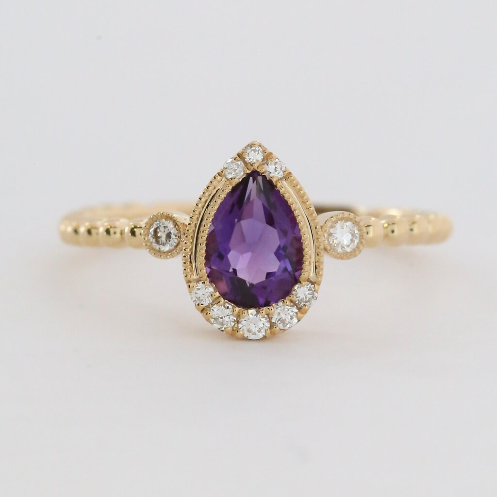 American Jewelry 14k Yellow Gold .69ct Amethyst .13ctw Diamond Accent Pear Beaded Ring