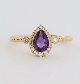 American Jewelry 14k Yellow Gold .69ct Amethyst .13ctw Diamond Accent Pear Beaded Ring