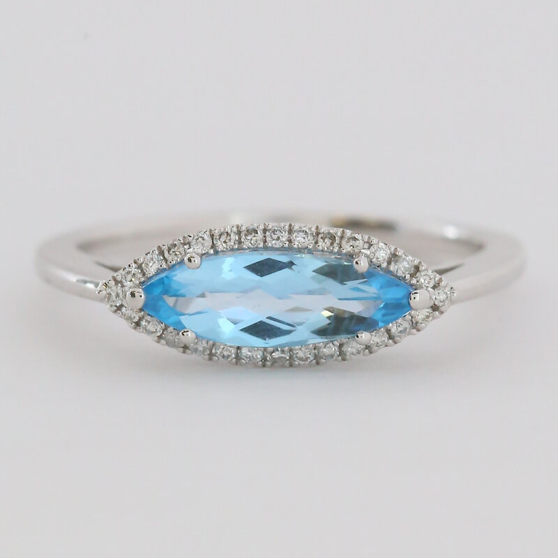 American Jewelry 14k White Gold 1.35ct Marquise Blue Topaz .11ctw Diamond Halo East to West Ring