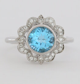 American Jewelry 14k White Gold 2.57ct Blue Topaz .18ctw Diamond Round Milgrain Halo Ring