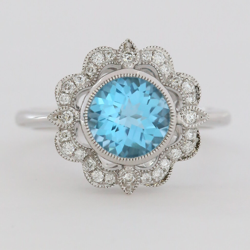 American Jewelry 14k White Gold 2.57ct Blue Topaz .18ctw Diamond Round Milgrain Halo Ring