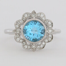 American Jewelry 14k White Gold 2.57ct Blue Topaz .18ctw Diamond Round Milgrain Halo Ring