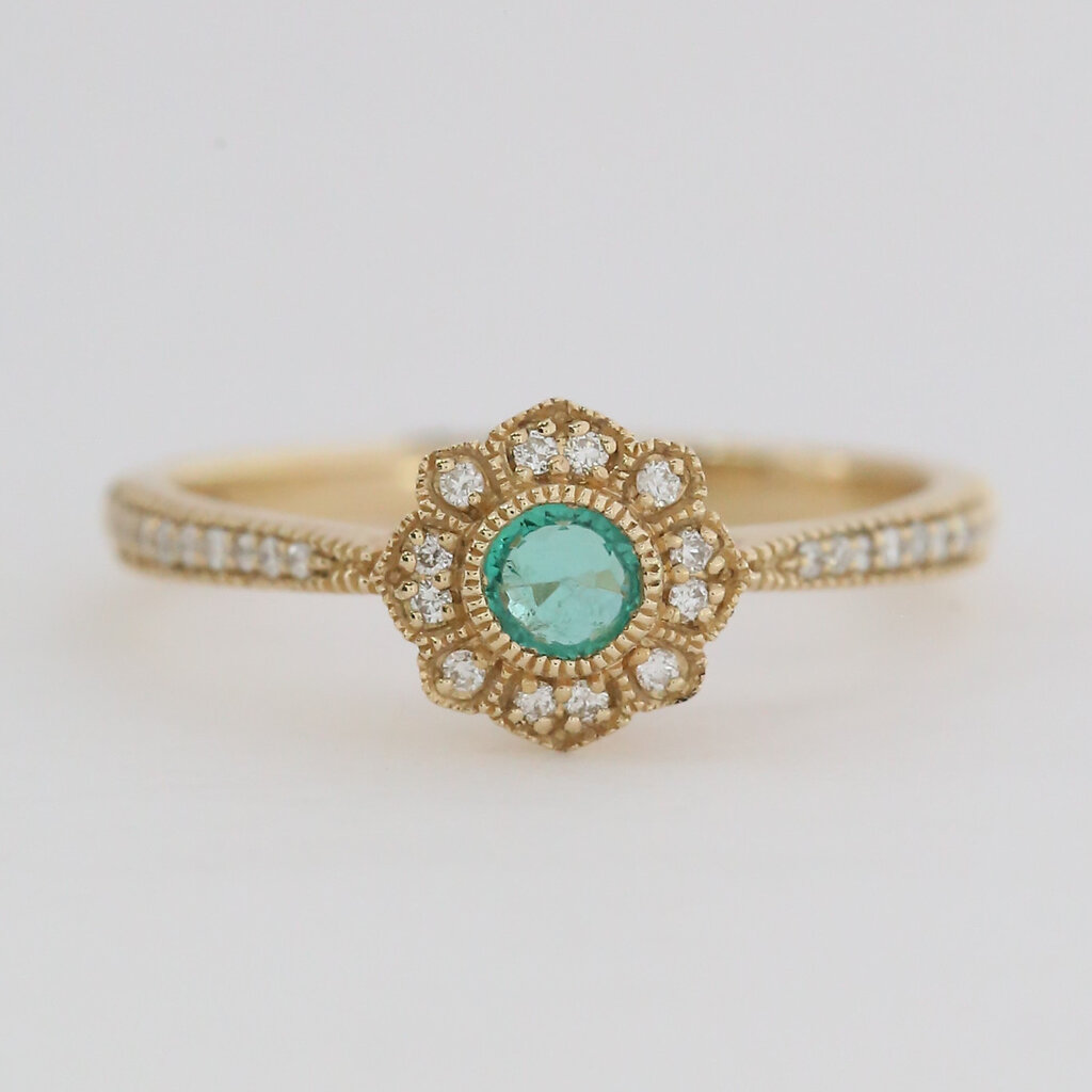 American Jewelry 14k Yellow Gold .18ct Emerald .16ctw Diamond Milgrain Halo Ring