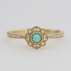 American Jewelry 14k Yellow Gold .18ct Emerald .16ctw Diamond Milgrain Halo Ring