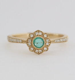 American Jewelry 14k Yellow Gold .18ct Emerald .16ctw Diamond Milgrain Halo Ring